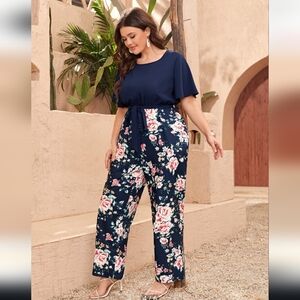 SHEIN Blue and Pink Floral Jumpsuit with Flutter Sleeves
